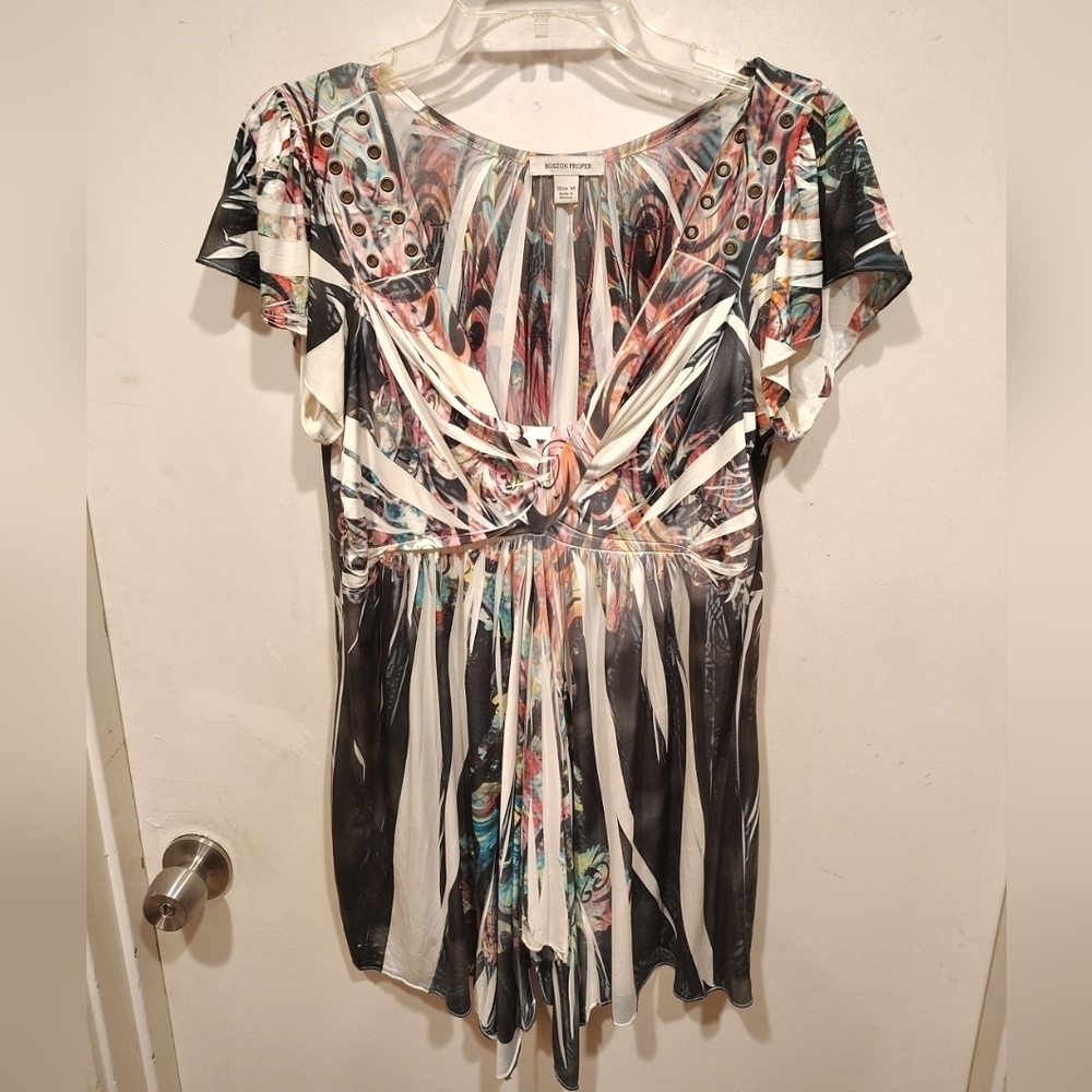 Boston Proper Embellished Abstract Print V-Neck Babydoll Top Sz M Y2K Grunge